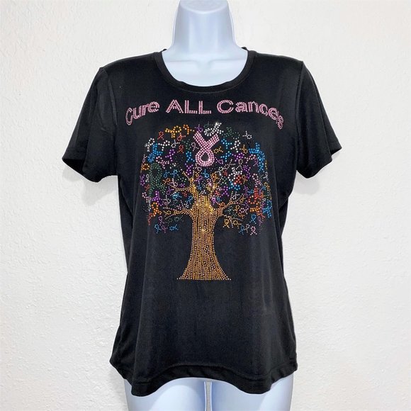 Cure All Cancers Sequined T-Shirt Black Size M - Picture 1 of 3